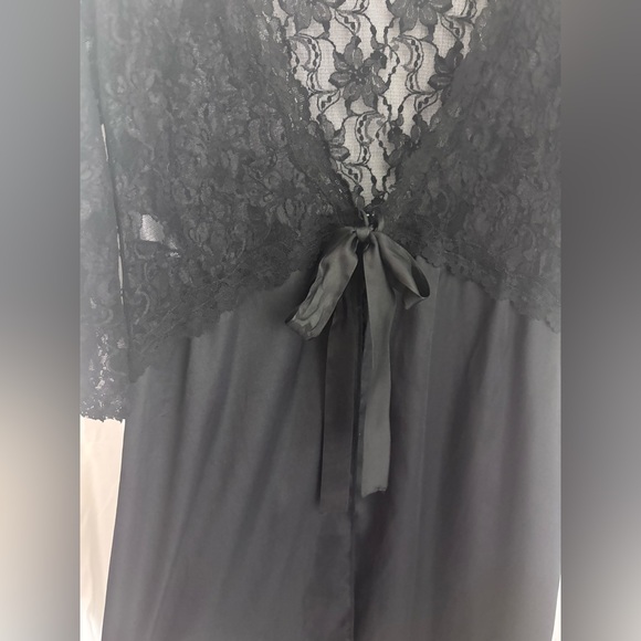 Black Lace Satin Whimsigoth Maxi Length Open Front Bowtie 3/4 Sleeve Robe Size M - Picture 14 of 14